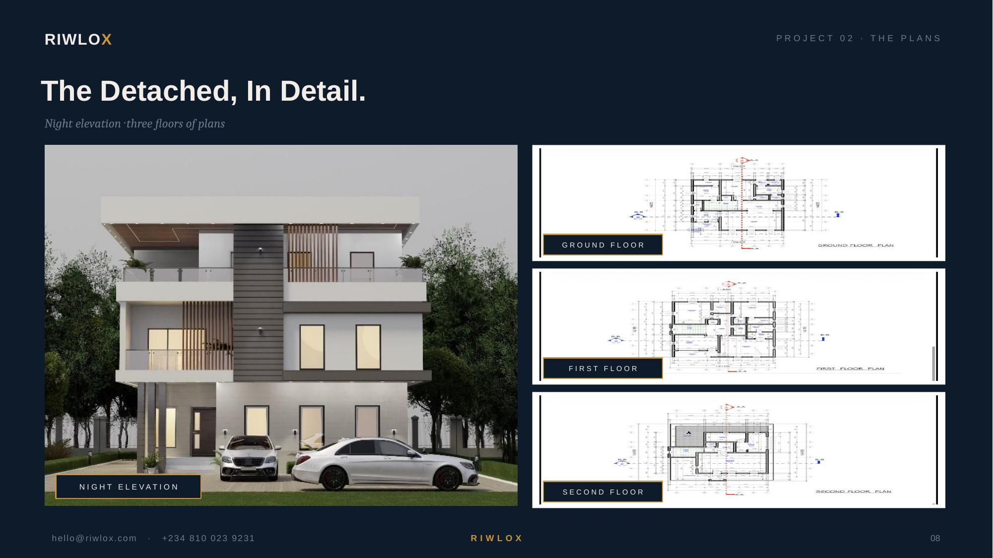 6-Bed Detached — night elevation and three floors of plans