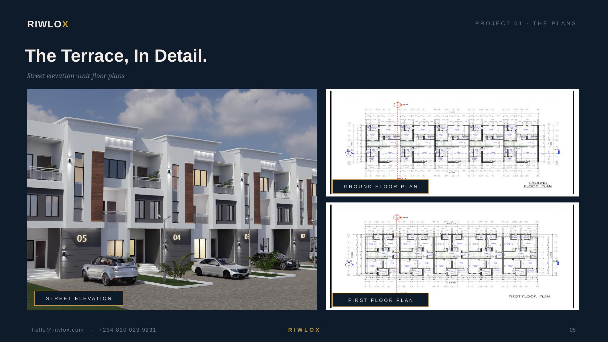 5-Bed Terrace — street elevation and floor plans